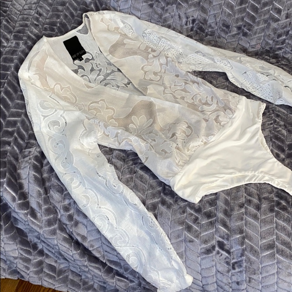 COPY - White/Nude Lace Bodysuit Too with Deep V-N…